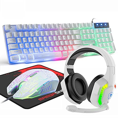 MANBASNAKE Wired Gaming Toetsenbord en Muis Headset Combo 4 in 1 Gaming Set 104 Toetsenbord, Optische Regenboog LED Gaming Mice, RGB Backlit Hoofdtelefoon, Muismat, voor PC, Laptop, Mac, PS4, Xbox (Wit)