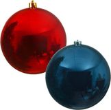 Decoris Kaemingk B.V. 2x stuks grote kerstballen van 20 cm glans van kunststof blauw en rood - Kerstversiering
