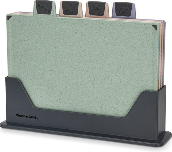 WonderCooks Luxe Index Snijplankenset - 4 Stuks - 30x22.5cm - Met Houder