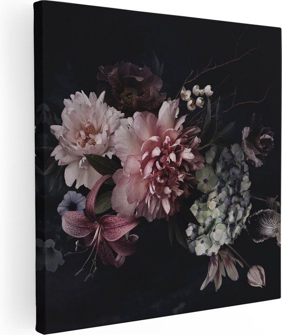 Artaza Canvas Schilderij Diverse Bloemen Op Zwart Achtergrond - 50x50 - Canvas Print