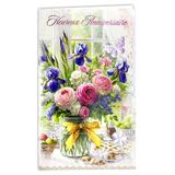 15-6610 Verjaardagskaart, boeket bloemen in reliëf, met envelop formaat 12 x 19,5 cm, voor meisjes en dames, illustratie rozen, iris vlinder, paars, binnenklep voor cheque bankbiljetten