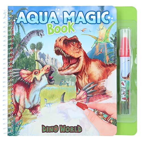 Depesche 12095 Dino World Aqua Magic Book - kleurboek met verborgen dinosaurusmotieven, creatief boek met 5 kleurige pagina's en een waterpotlood