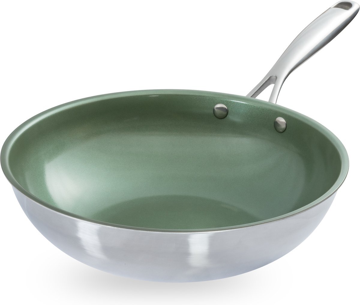 Just Vegan Ceravegan RVS ECO wokpan – 28cm, 100% vegan, plantaardige anti-aanbaklaag - avocado-olie – duurzame wok