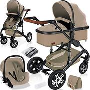 KESSER KESSER® Loops 3-in-1 kinderwagen combi-kinderwagen complete set incl. babykuip & buggy sportzitje & auto-babyschaal - volledig rubberen banden - luiertas / regenbescherming / kindertafel set beige/zwart