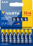 VARTA Batterijen AAA, 16 stuks (12+4), Longlife Power, alkaline, 1,5 V | AAA-batterij LR03, Made in Germany, tot 10 jaar houdbaar, voor spelconsole, tandenborstel, muis of controller
