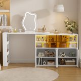 STILVORA Schminktafel, 117x40x78 cm, met LED-verlichting, make-up tafel met meerlaags opbergruimte, draaibare bureau voor de slaapkamer, wit