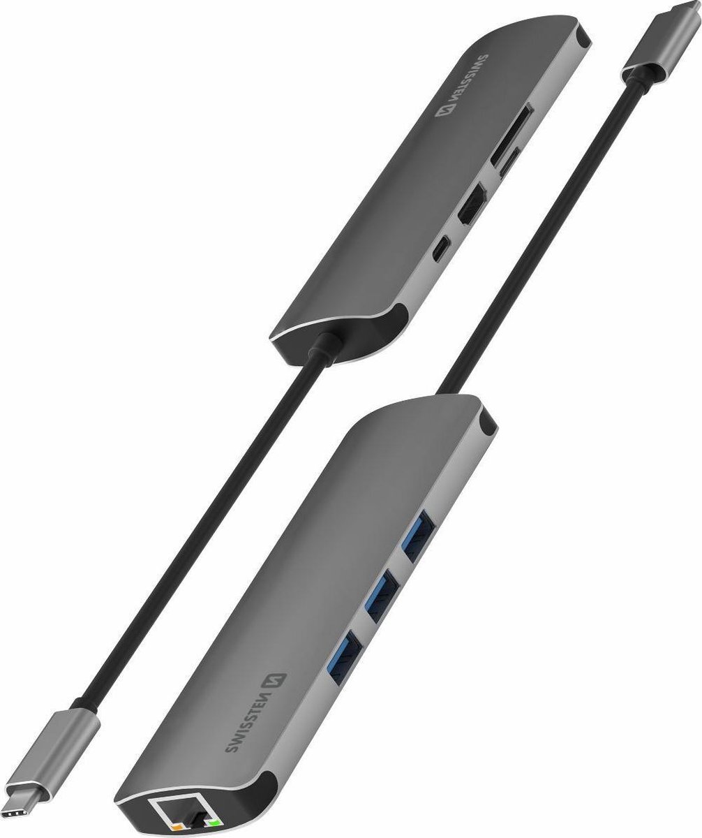 Swissten Aluminium 8 in 1 USB-C Hub Adapter voor Macbook - Grijs