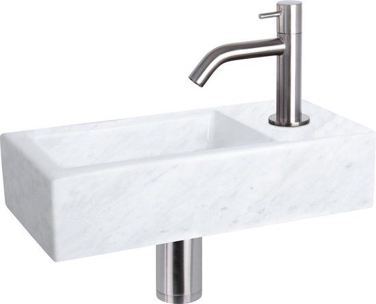 Differnz Helios Fonteinset - Wasbak Marmer - Wit - Gebogen Kraan - Mat Chroom - 37.5 x 18.5 x 9 cm