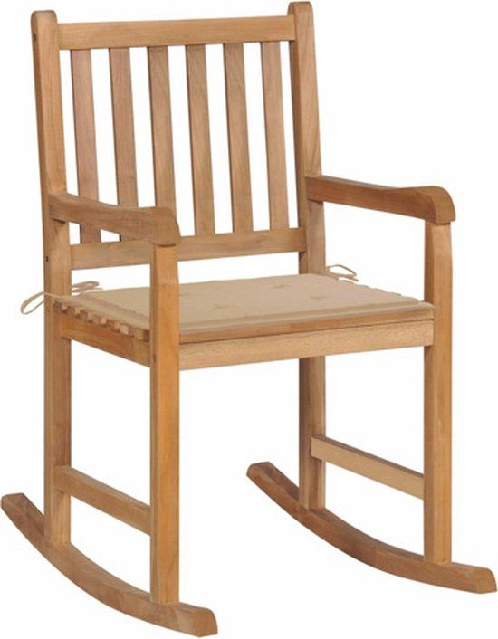 vidaXL Schommelstoel met beige kussen massief teakhout