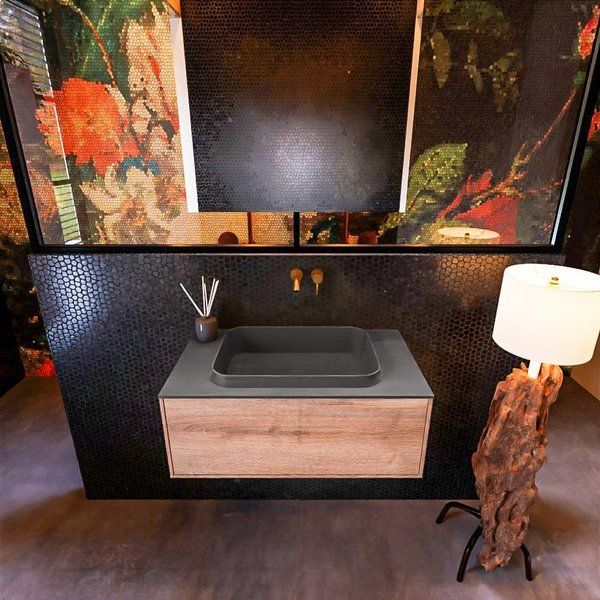 Mondiaz ERIN 80cm badmeubelset Washed oak met 1 lade - Wastafel RIDGE Dark grey