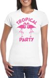 Bellatio Decorations Tropical party T-shirt dames - met glitters - wit/roze - carnaval/themafeest L