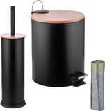 Merkloos Relaxdays Badkamerset - Prullenbak 5L, Toiletborstel & Houder, Metaal/Bamboe, Zwart