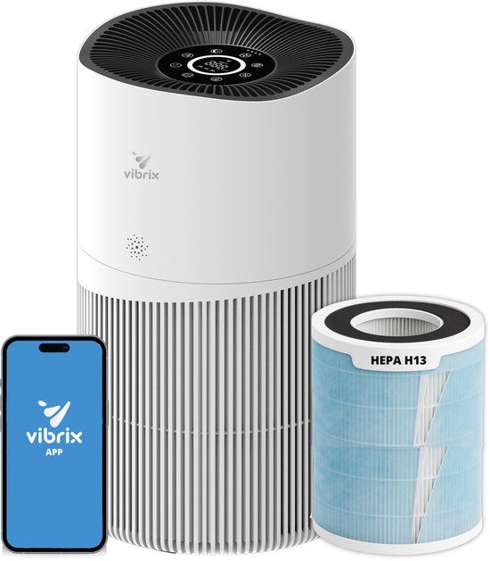 Vibrix PureFlow70 Luchtreiniger / Air Purifier – HEPA H13 + koolstoffilter – 468 m³/u – Voor kamers tot ca. 70 m² – Ionisator – App-bediening – Zeer stil met slaapstand – Luchtkwaliteitindicator