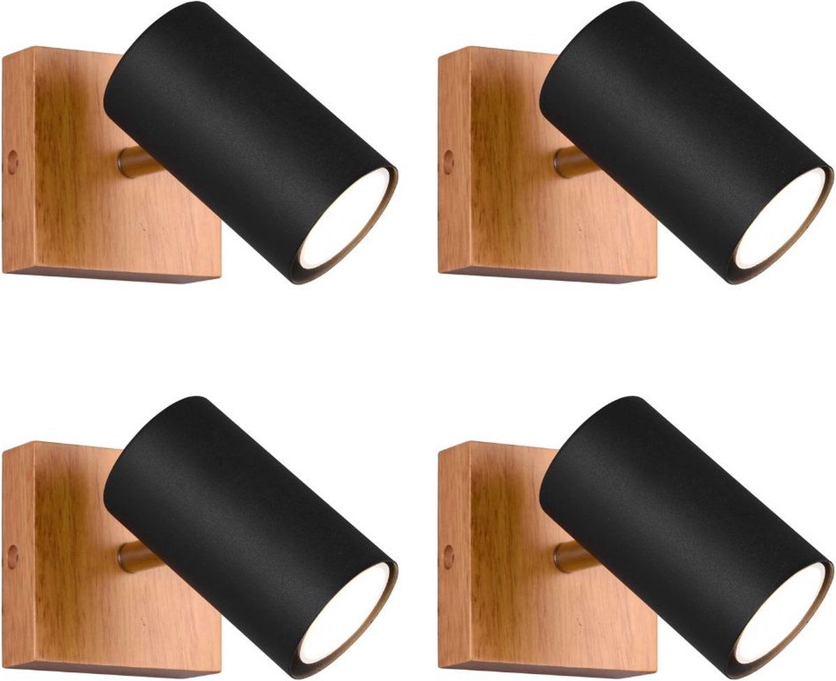TRIO Lighting Marley 1-Spot - Set van 4 - Zwart - Houtkleurige basis