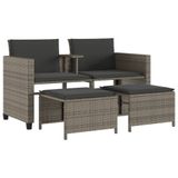 vidaXL Tuinbank 2-zits met tafel en voetenbanken poly rattan grijs