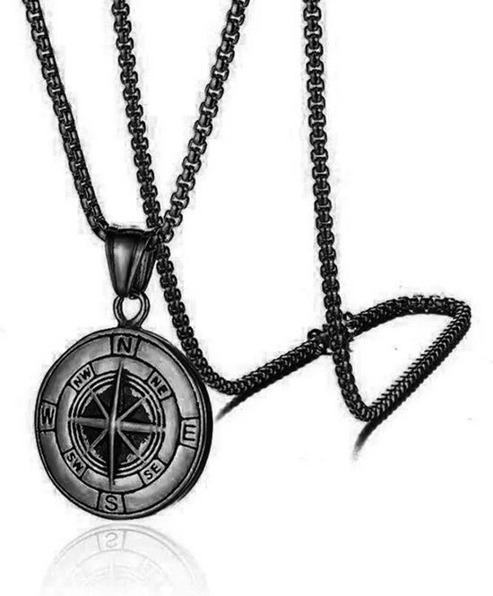 Merkloos Heren ketting kompas kettinghanger en Venetiaanse schakel ketting zwart - 4thePerfectParty