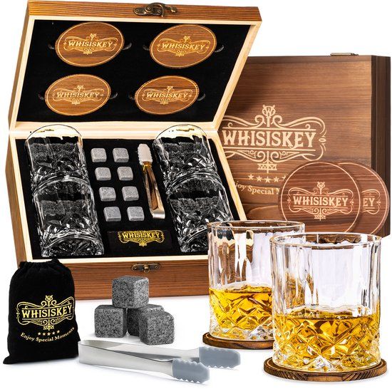 Whisiskey Luxe Whiskey Set - Incl. 4 Whiskey Glazen 250ml, 8 Whiskey Stones, 4 Onderzetters, Fluwelen Opbergzak, Opbergbox - Whisky Geschenkdoos - Glas - Herbruikbare IJsblokjes