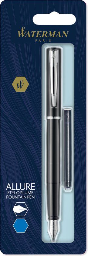 Waterman Allure Vulpen Zwarte Lak Fijne Punt Blauwe Inkt