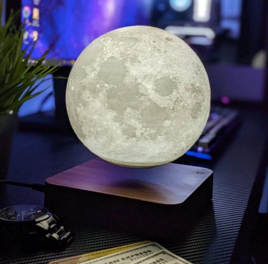 SkyLight Zwevende Maanlamp - Eikenhout look - Warm wit - 15cm - 3D Moon lamp