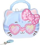 Concorde Spaarpot blik kat / poes - blauw - 12 x 7 x 13 cm - met deksel en slot