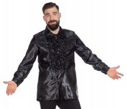 Wilbers Jaren 80 & 90 Kostuum Zwarte Ruchesblouse Satijn Foute Disco Maat 60 Carnaval Kostuum Verkleedkleding