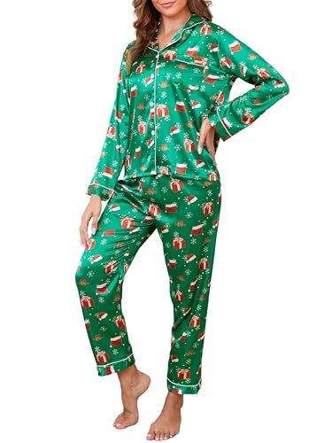 Reliwel Dames Satijnen Pyjama Lange Mouwen Knoopsgat V-hals Tweedelige Zachte Zijden Nachtkleding Klassieke Pyjama Huiskleding Indoor Pyjama Pjs, Groene print, S