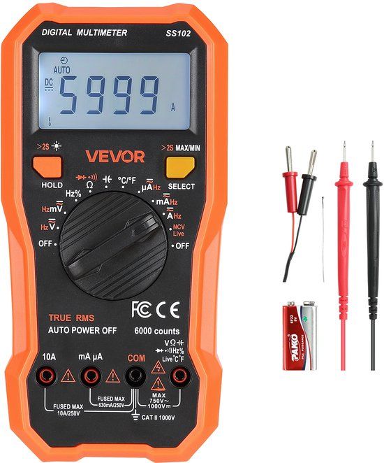 VEVOR Digitale Multimeter, 6000-Count TRMS DC/AC Voltmeter Stroomtester, Professionele NCV Multimeter voor de huidige spanningsweerstand Capacitance Werkcyclus Tempetatuur Dioden Continuiteit Live Wire Test