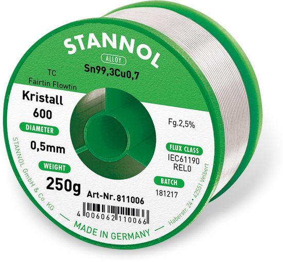 Stannol Kristall 600 Fairtin Soldeertin, loodvrij Loodvrij Sn99,3Cu0,7 REL0 250 g 0.5 mm