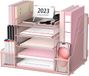 SUPTIDY Mesh bureau-organizer met dossierhouder, 5-laags papier-brievenbak-organizer met tijdschriftenhouder, bureau-organizer en opbergruimte met lade voor kantoorbenodigdheden thuis of op school, roze