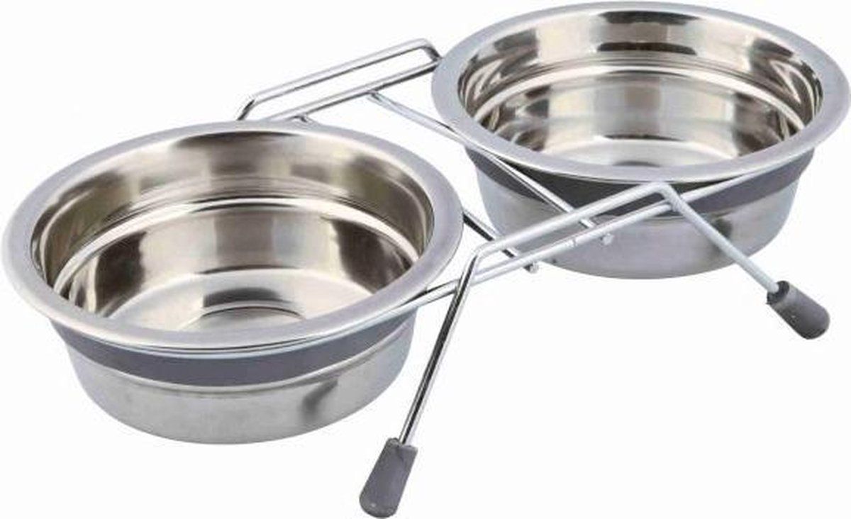TRIXIE Voer/Waterbak-Set Klapperbescherming Rvs/Metaal Grijs 2x450 ml 4 st