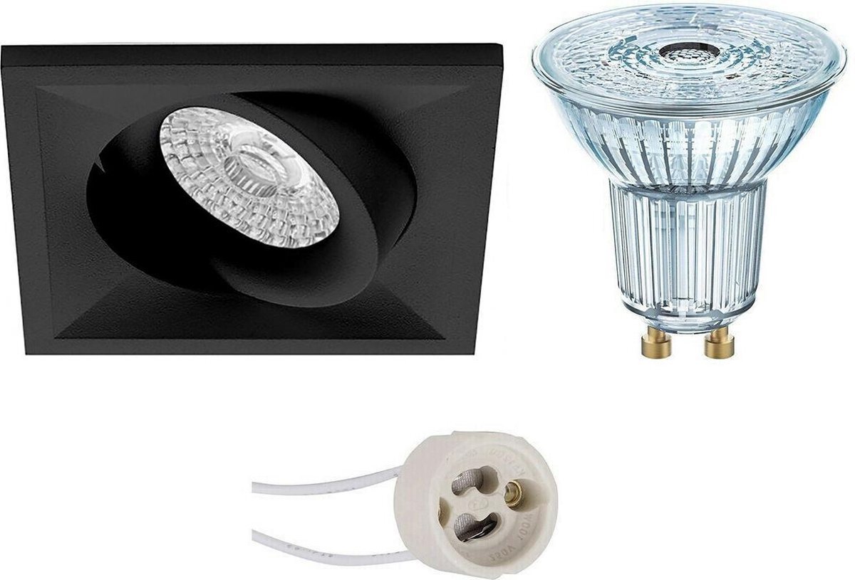 Osram - LED Spot Set - Parathom PAR16 930 36D - Proma Qiundo Pro - GU10 Fitting - Dimbaar - Inbouw Vierkant - Mat Zwart - 3.7W - Warm Wit 3000K - Kantelbaar - 80mm