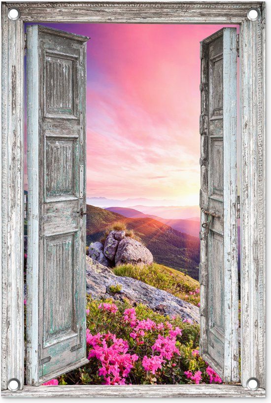 GreatGardenPosters Tuinposter - Bergen Bloemen Zonsondergang - 40x60 cm - PVC - Rechthoek - Zomer