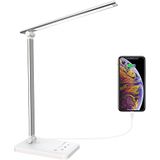 Bureaulamp led, dimbare tafellamp, 5 kleuren en 5 helderheidsniveaus, nachtlampje, USB-poort voor het opladen van de smartphone, leeslamp voor lezers, kinderen, zilver