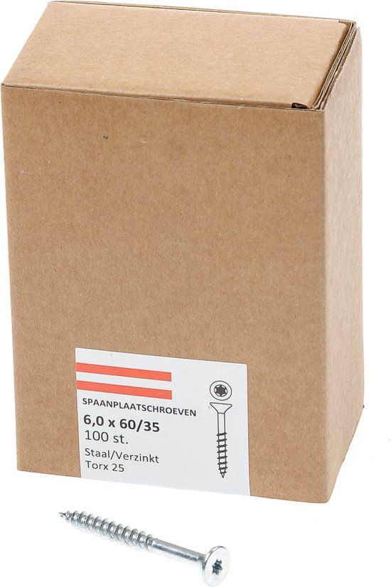 Hoenderdaal Fasteners Hoenderdaal Spaanplaatschroef Verzinkt Platkop deeldraad Torx TX25 6.0X60/35 | 100 stuks