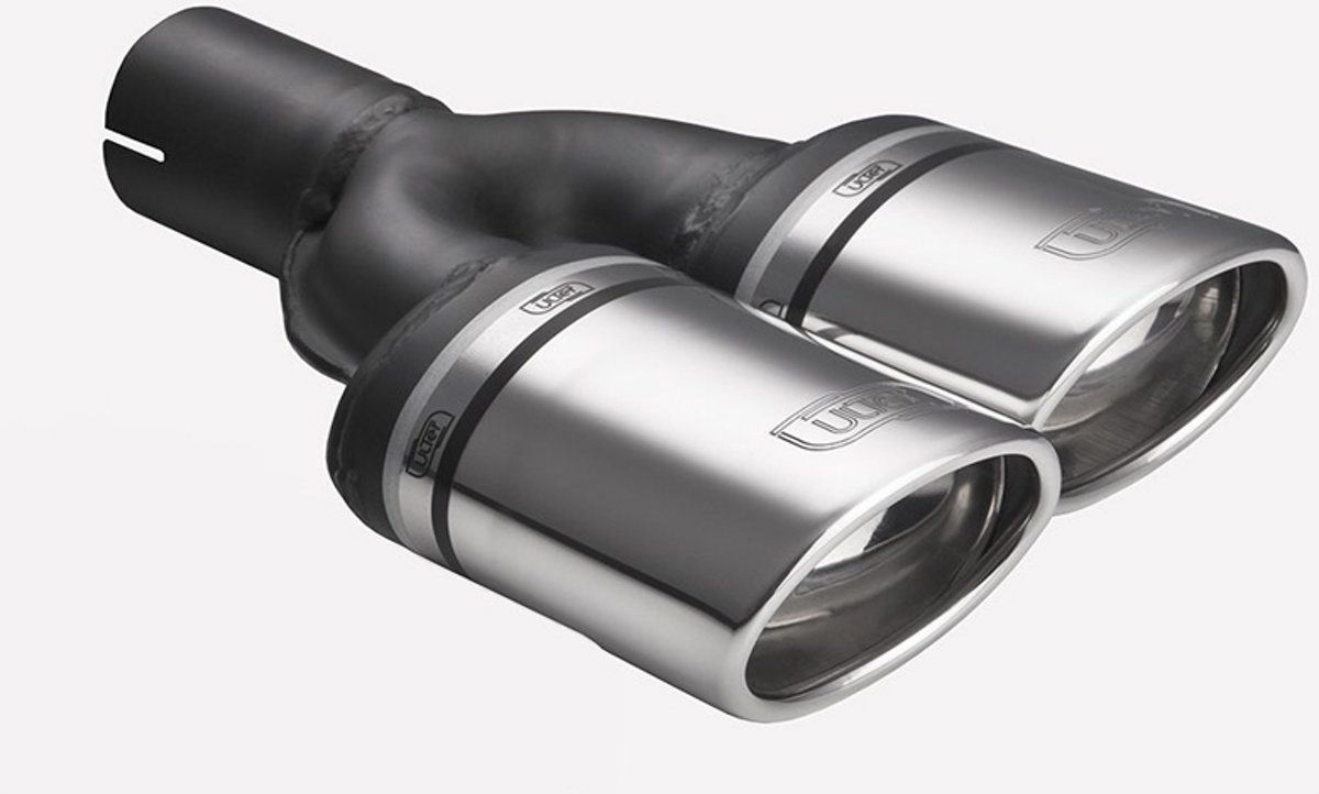 Ulter Sport Uitlaatsierstuk (rechts) - Dubbel Ovaal 95x65mm Schuin - Lengte 200/180mm - Montage - >50mm - RVS