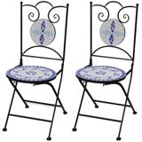 VidaXL Chaise de jardin terrasse céramique fer forgé bleu blanc 2 pièces