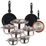 Well Home Set de cuisine, 12 pièces, acier inoxydable + 3 casseroles, Ø 16 x 20 x 24 cm, cuivre métallisé en aluminium pressé