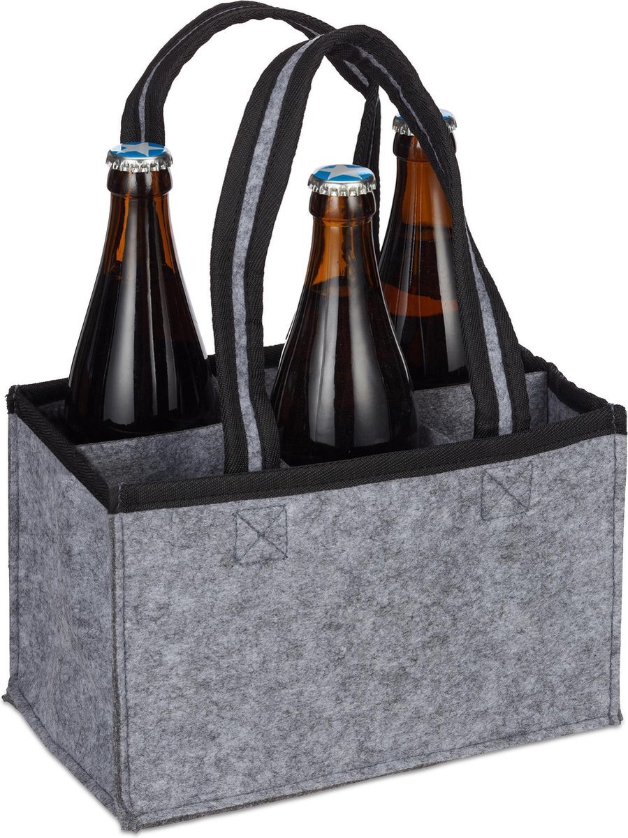 Relaxdays flessentas vilt - 6 flessen - flessendrager - biertas - handtas voor flessen antraciet