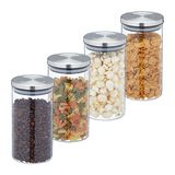 Relaxdays voorraadpot met rvs deksel, set van 4, glazen opbergpot voor meel, rijst, pasta, 1000 ml, transparant/zilver