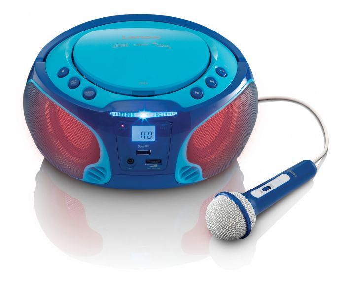 Lenco SCD-650BU - Draagbare radio CD speler met karaokemicrofoon en LED - Blauw