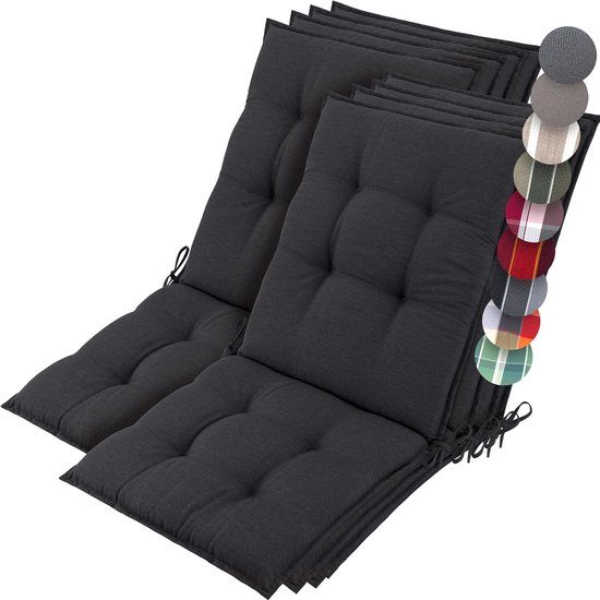 Beautissu Sun-NL – Set van 8 Premium Lage Rugleuning Kussen 100x50 cm - UV-bestendig & 8cm Dik Kussen Tuinstoelkussen Antislip Bevestigingsbanden – Stevige Stof Antraciet Gestreept