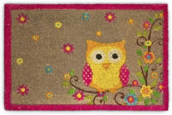 Relaxdays Deurmat kokosvezel - Deur mat bloemen uil - Vrolijk motief - Voetmat 60x40 cm