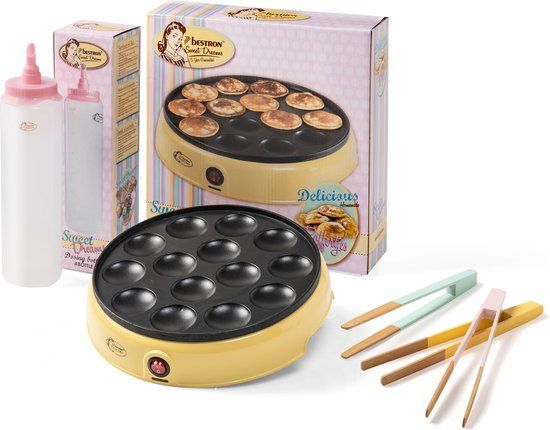 Bestron Poffertjesmaker - Retro Design - Geel/Roze - Incl. Doseerfles & 3x Servertang