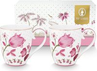Pip Studio Jolie Pink Tulp set van twee Grote Witte Mokken XL 450ml met - Roze Tulpen illustratie - Porselein