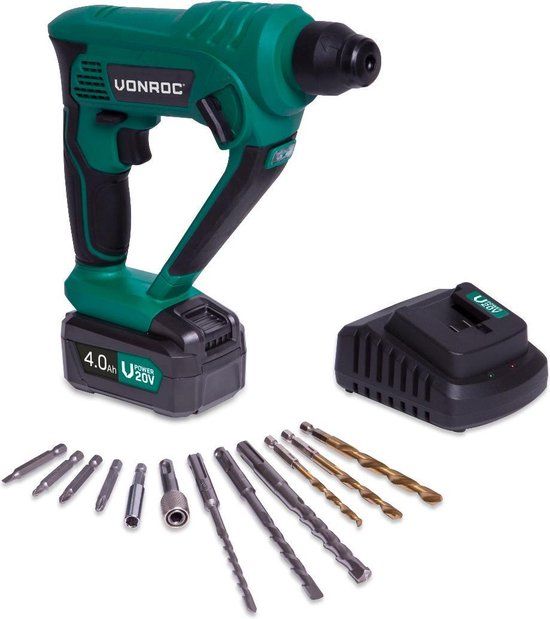VONROC Accu boorhamer – VPower 20V – 1x 4.0Ah accu & lader – 1.3 Joule – SDS-plus – Incl. accessoires