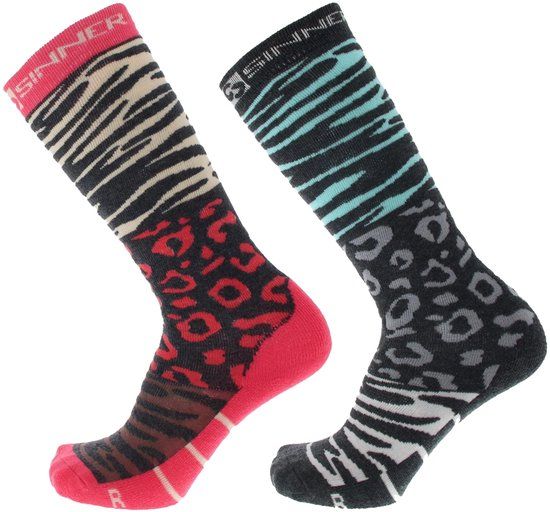 SINNER LADIES SKI SOCKS ANIMAL DOUBLE PACK - CORAL-TURQUOISE - Unisex - Maat 36-38