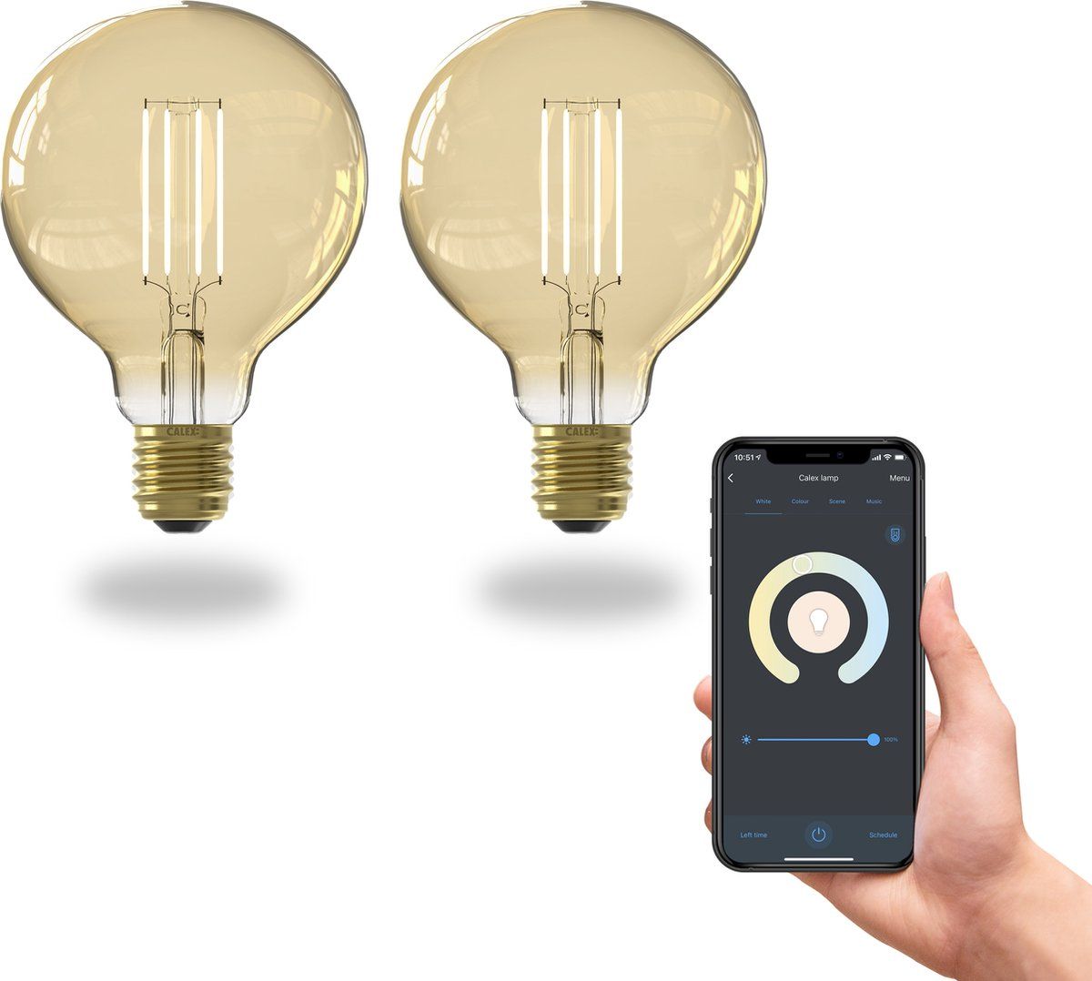 Calex Slimme Lamp - Set van 2 - Wifi LED Filament - Globe 9,5cm - E27 - Goud - Dimbaar - 7W