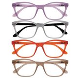 OPULIZE KAT Leesbril - 4-Pack - Kattenoog Montuur - Paars, Grijs, Oranje, Taupe - Heren & Dames - Veerscharnieren - RRRR59-57GU - +3.00