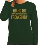 Bellatio Decorations Foute kersttrui/sweater voor dames - Hohoho freak show - groen - glitter goud XS