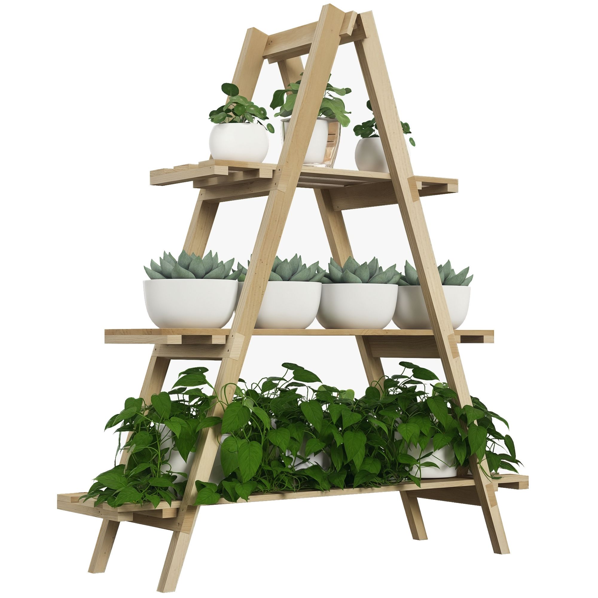 Outsunny Opvouwbare Houten Plantenstandaard 3-laags Bloempotplank met A-Frame 100X36X112 cm Naturel